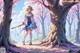 A girl in a blue dress holding a sword in a forest.